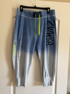 Zumba Fitness Blue Ombre Cropped Pants with Neon Yellow Accents